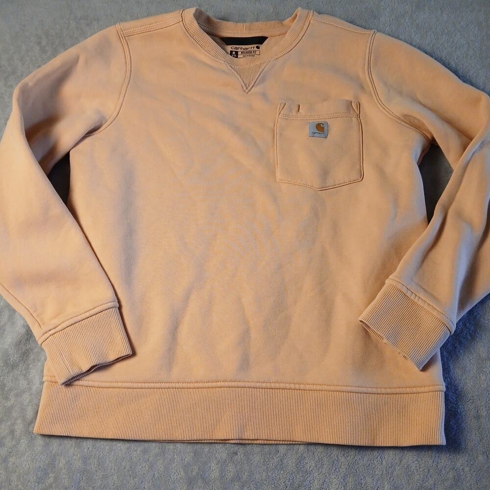 Carhartt Sweatshirt Unisex Med Light Orange Crew Neck Pocket Logo Workware